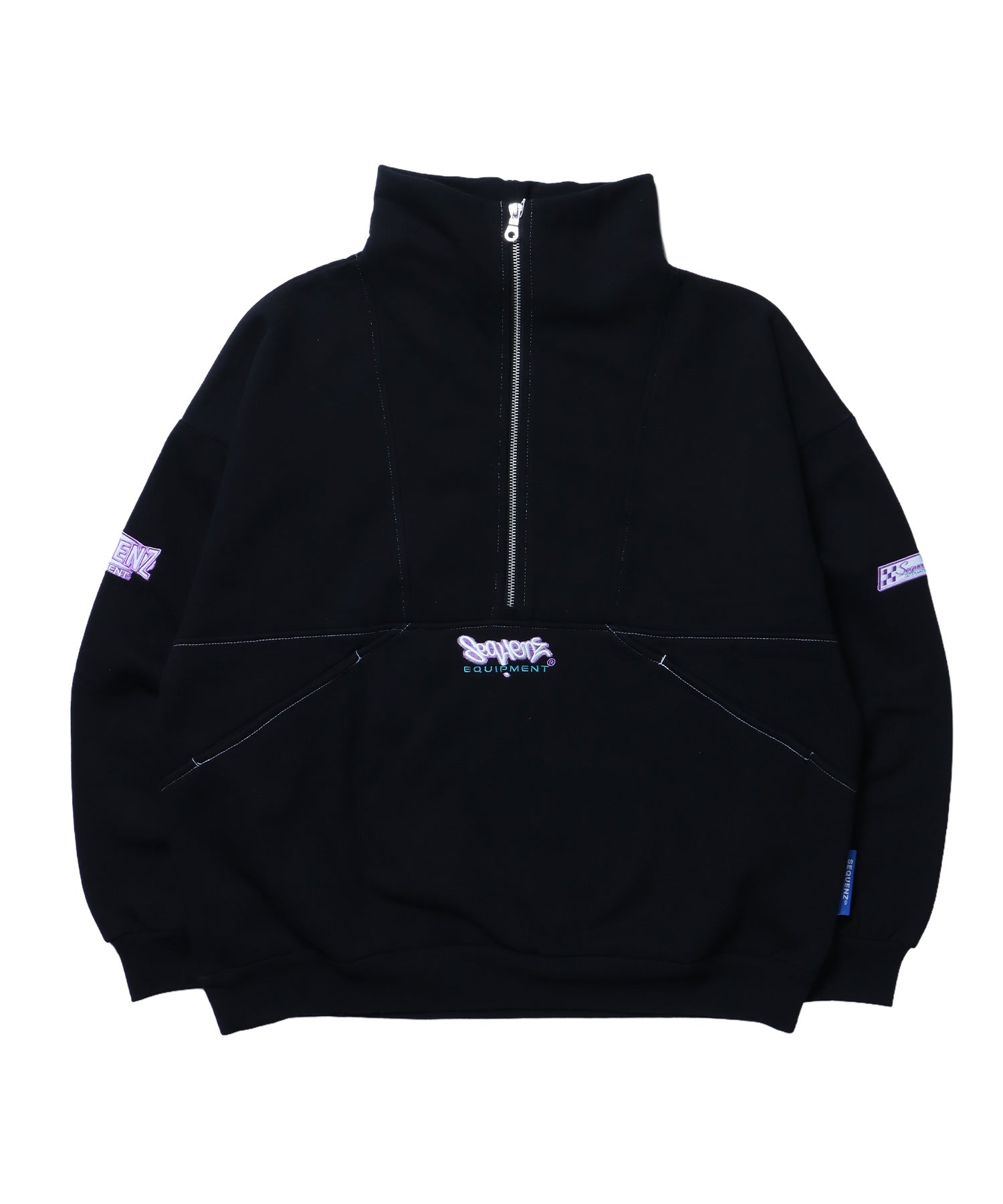 90s 1/2 ZIP SWEAT / 裏起毛 オーバーサイズ プルオーバー スウェット ルーズシルエット ハーフジップ 刺繍 ポケット ジップアップ セットアップ ブラック ≪SET UP着用可能≫