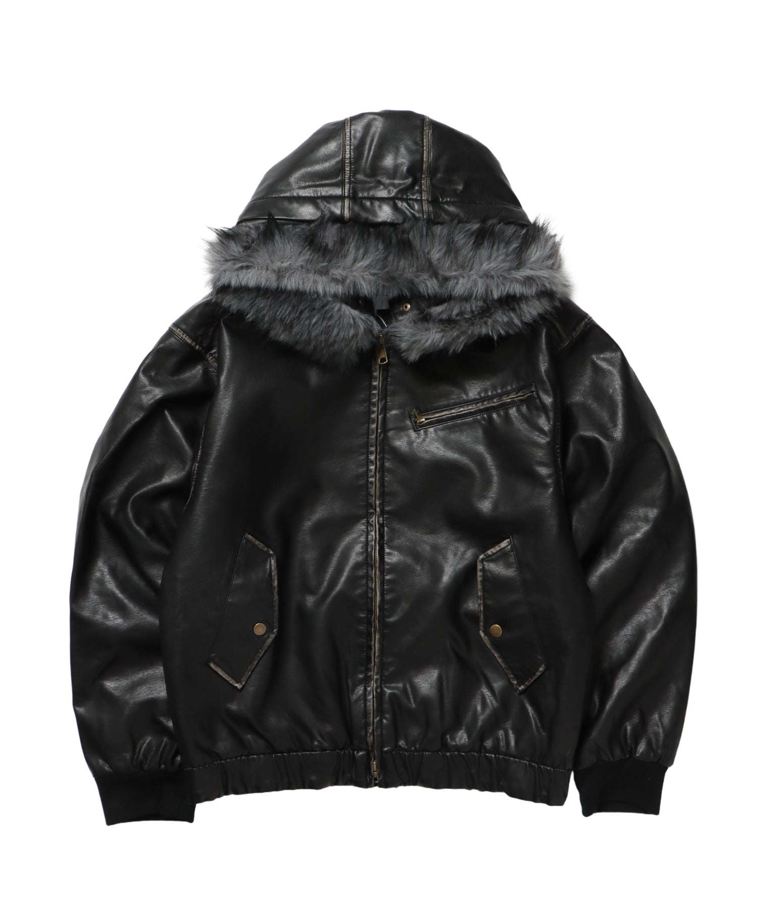 FUR PU HOODIE JKT / フェイクレザー ジャケット ファー 中綿 ダブルジップ フーディ ブラック