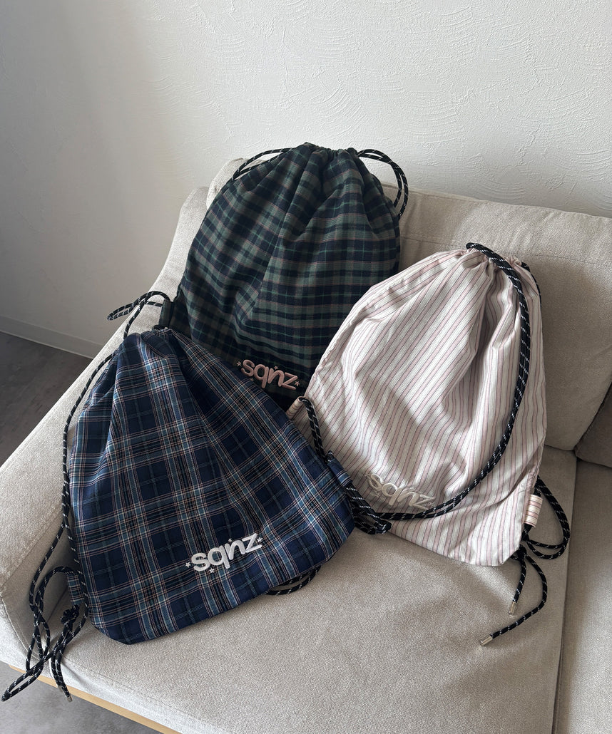 sqnz dairy 2way knapsack / ナップサック バック 2WAY ブランドロゴ チェック ストライプ ダークグリーン