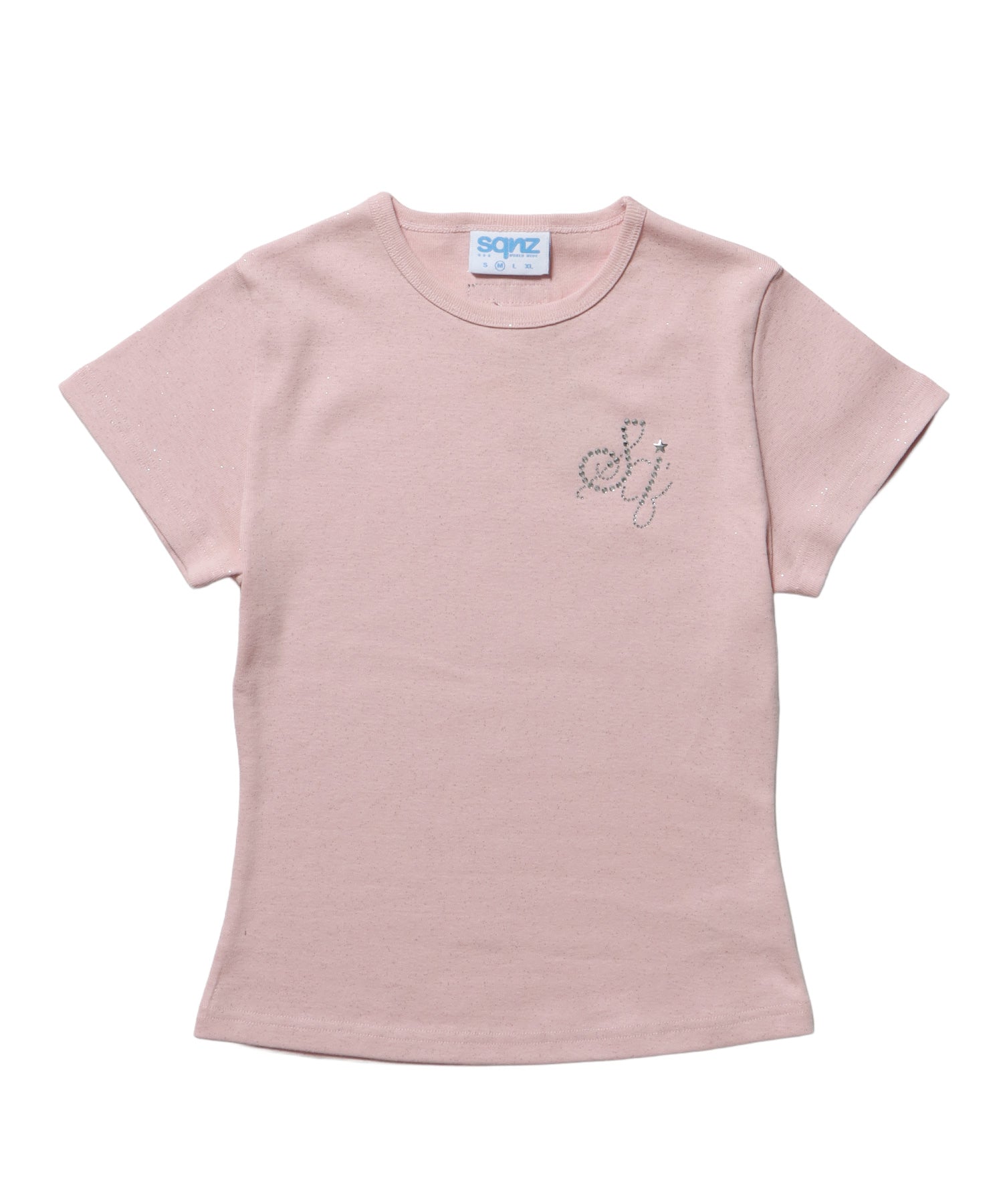 ≪予約商品≫sqnz glitter compact tee / 半袖 プリント Tシャツ ワンポイント ラインストーン レディース ピチT ちびT 【セットアップ着用可能】 ライトピンク