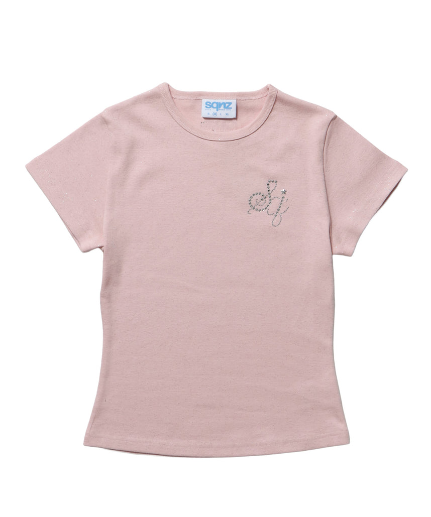 ≪予約商品≫sqnz glitter compact tee / 半袖 プリント Tシャツ ワンポイント ラインストーン レディース ピチT ちびT 【セットアップ着用可能】 ライトピンク