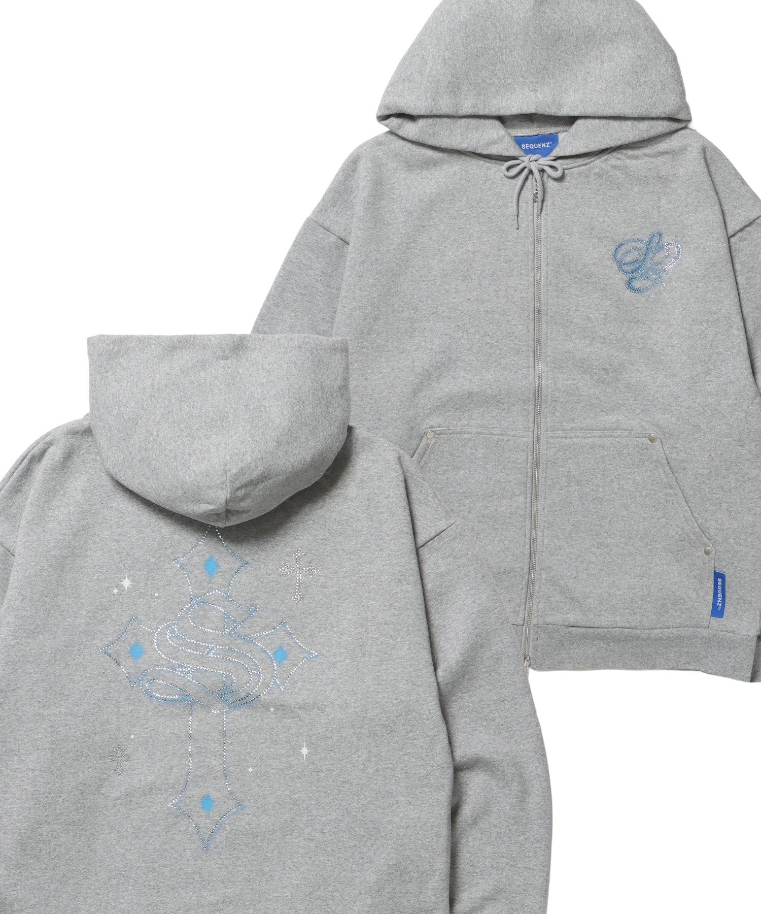 CROSS RHINE STONE ZIP P/K / パーカー ジップパーカー ラインストーン クロスデザイン 裏起毛 ダブルジップ 短丈 【セットアップ】 グレー