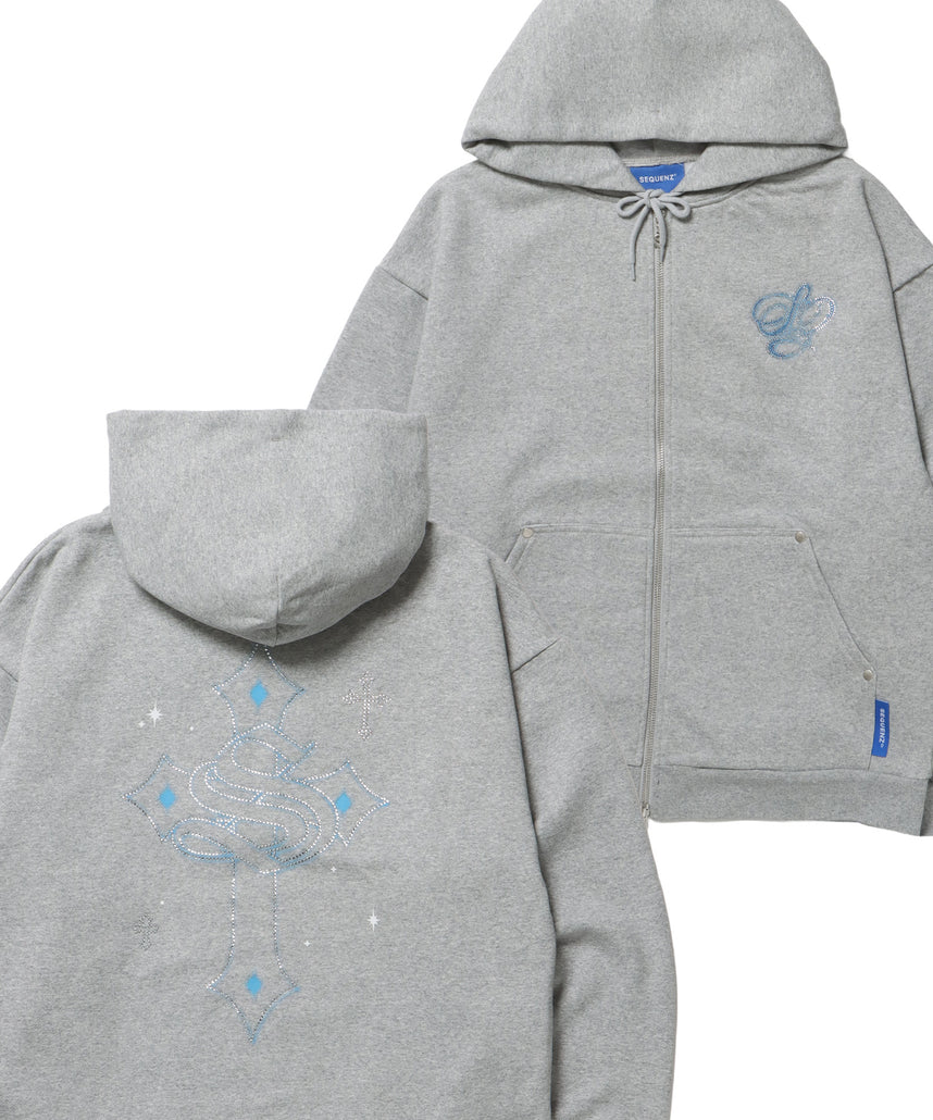 CROSS RHINE STONE ZIP P/K / パーカー ジップパーカー ラインストーン クロスデザイン 裏起毛 ダブルジップ 短丈 【セットアップ】 グレー