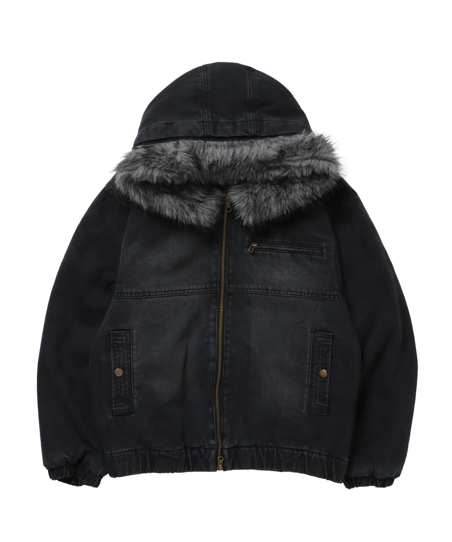 FUR DENIM HOODIE JKT / デニム ジャケット ファー 中綿 ダブルジップ フーディ ブラック