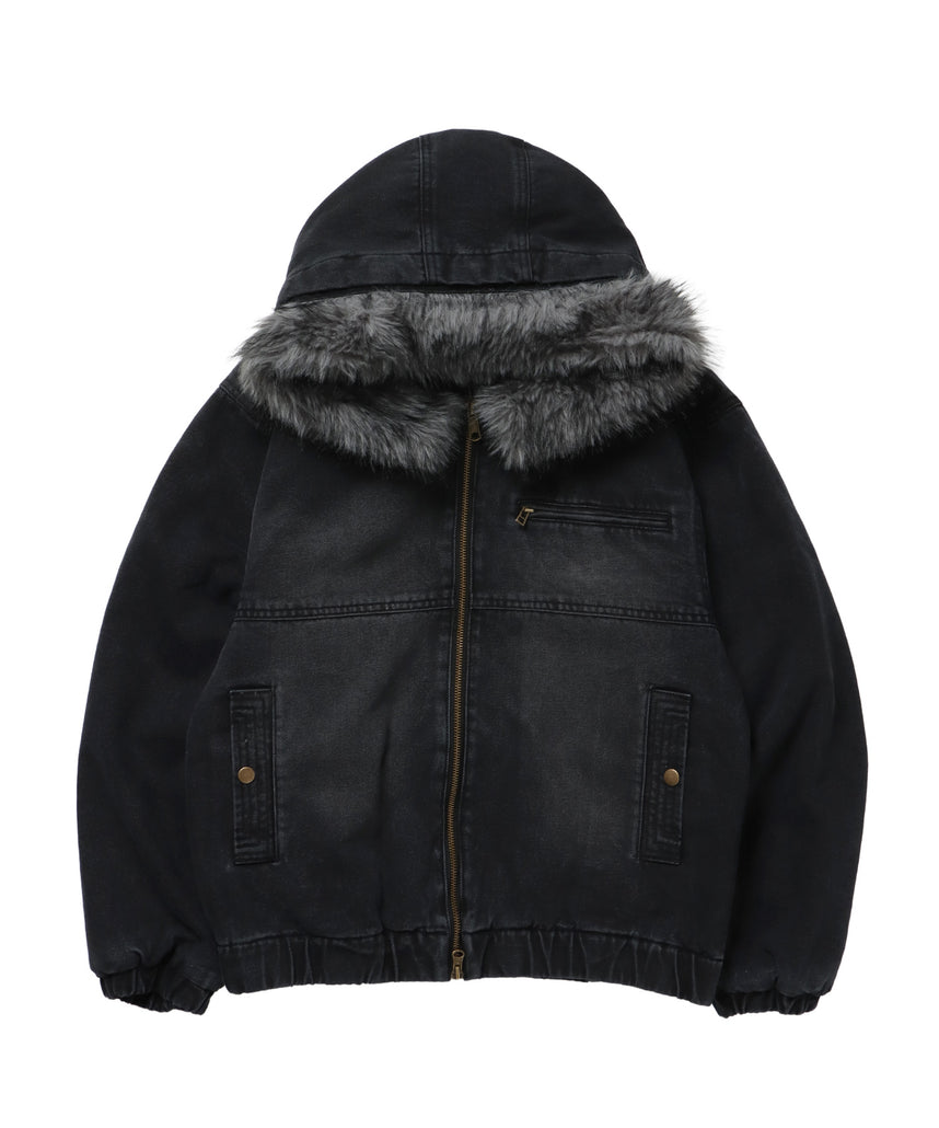FUR DENIM HOODIE JKT / デニム ジャケット ファー 中綿 ダブルジップ フーディ ブラック