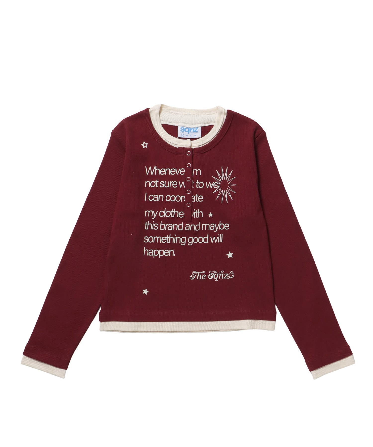 sqnz fake layered henley star l/s tee / 長袖 プリント ヘンリー フェイクレイヤード ツートーン バーガンディー