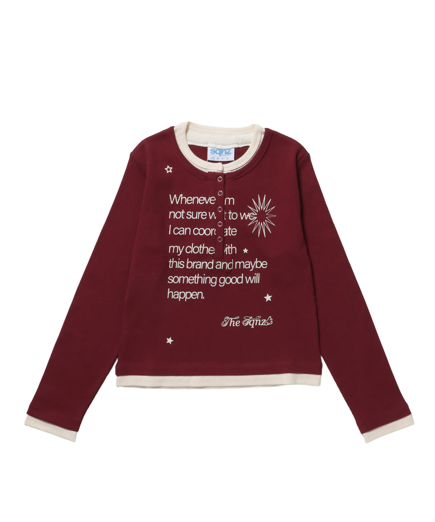 sqnz fake layered henley star l/s tee / 長袖 プリント ヘンリー フェイクレイヤード ツートーン バーガンディー