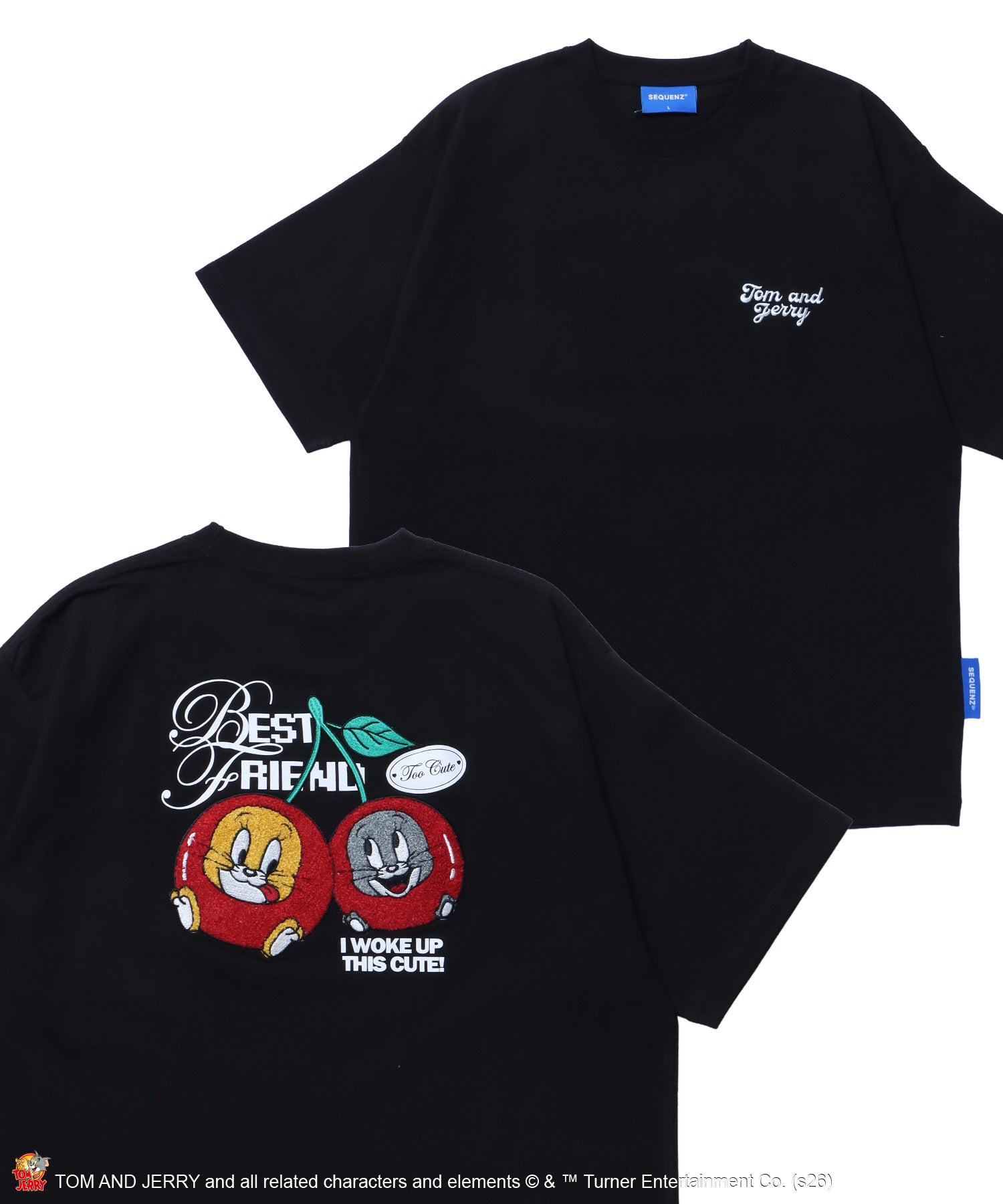 TJ CHERRY FLOCKY S/S TEE / トムとジェリー Tシャツ 半袖 クルーネック プリント 刺繍 オーバーサイズ ブラック