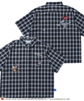TJ ASSORTMENT EMB. SHIRT / トムとジェリー シャツ 半袖 レギュラーカラー 刺繍 チェック ストライプ ブラック