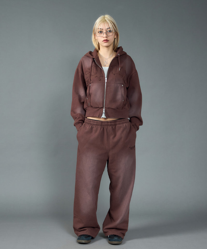 sqnz washed wappen zip p/k / フェード ジップパーカー スタッズ フルジップ オーバーサイズ ヴィンテージライク センターロゴ 裏起毛 ダークブラウン