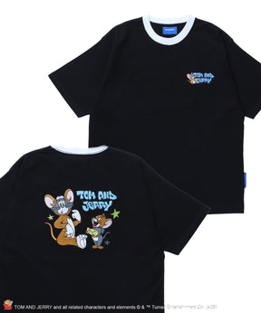 TJ COSTUME RINGER TEE / トムとジェリー リンガー Tシャツ 半袖 クルーネック 刺繍 オーバーサイズ ブラック