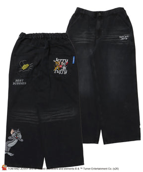 TJ JERRY AND TUFFY LOOSE DENIM / トムとジェリー デニム ワイド パンツ ボトムス 刺繍 加工 リジッド ワッペン ブラック