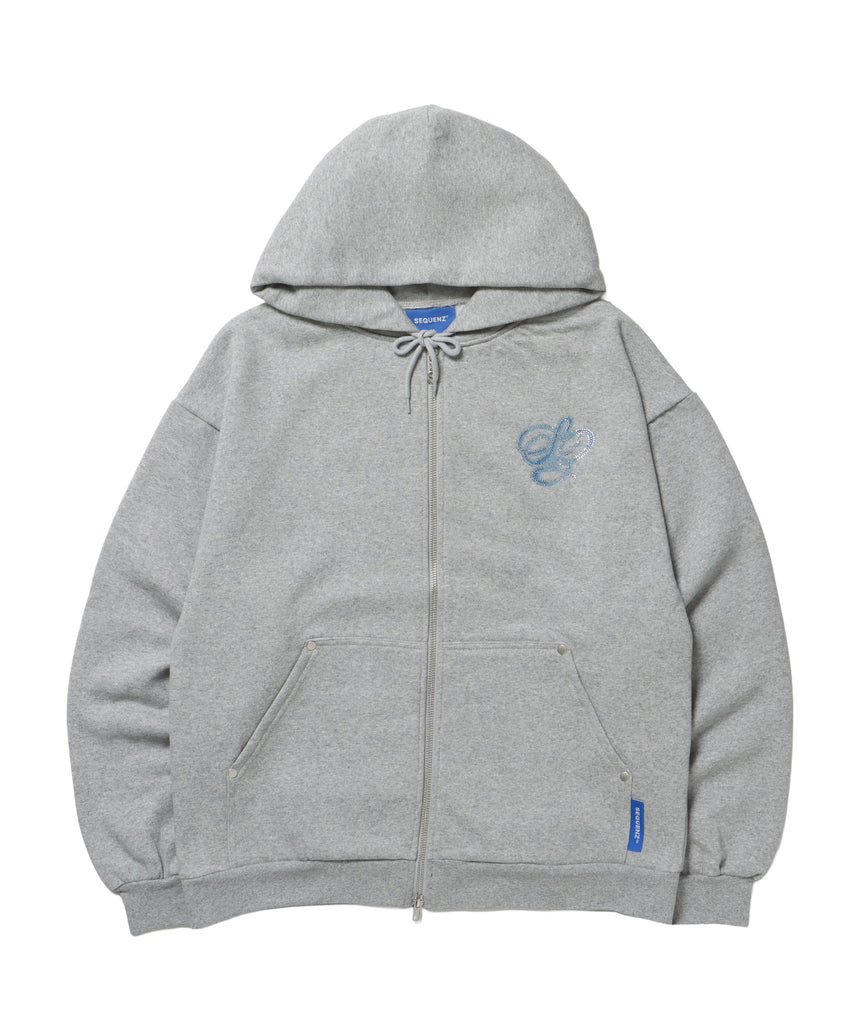 CROSS RHINE STONE ZIP P/K / パーカー ジップパーカー ラインストーン クロスデザイン 裏起毛 ダブルジップ 短丈 【セットアップ】 グレー