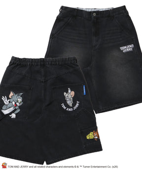 TJ STREET SHORTS DENIM / トムとジェリー ハーフパンツ ショーツ ジョーツデニム ワイド パンツ ボトムス 刺繍 加工 リジッド ワッペン ブラック