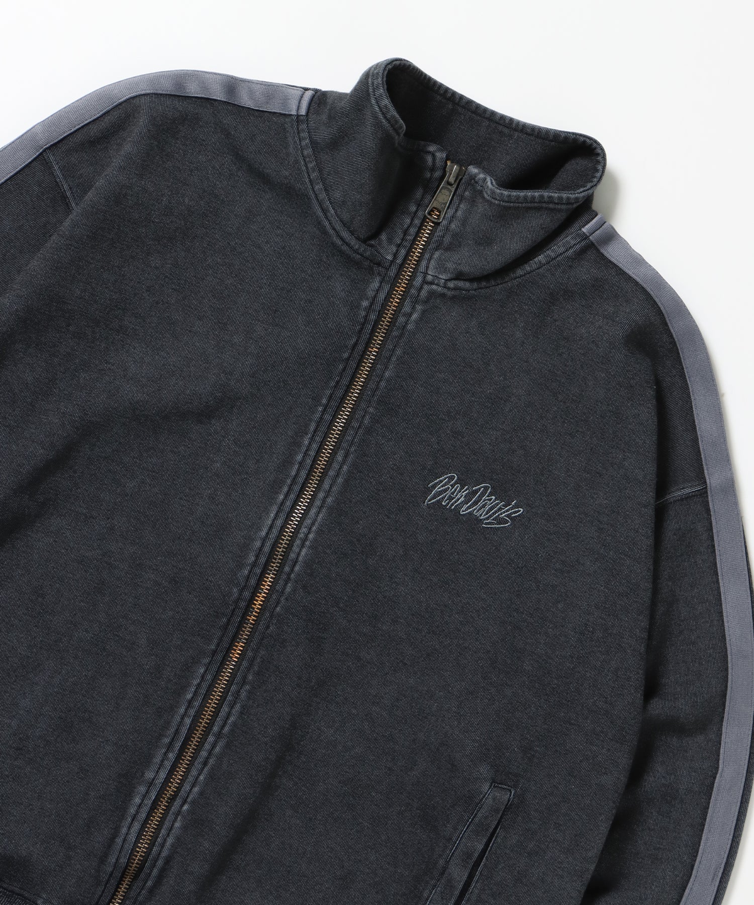 JERSEY LINE TRACK JACKET / ビッグシルエット フルジップ ヘビーウェイト 加工 刺繍 フーディ【短丈】 ブラック