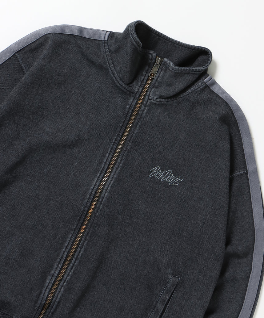 JERSEY LINE TRACK JACKET / ビッグシルエット フルジップ ヘビーウェイト 加工 刺繍 フーディ【短丈】 ブラック