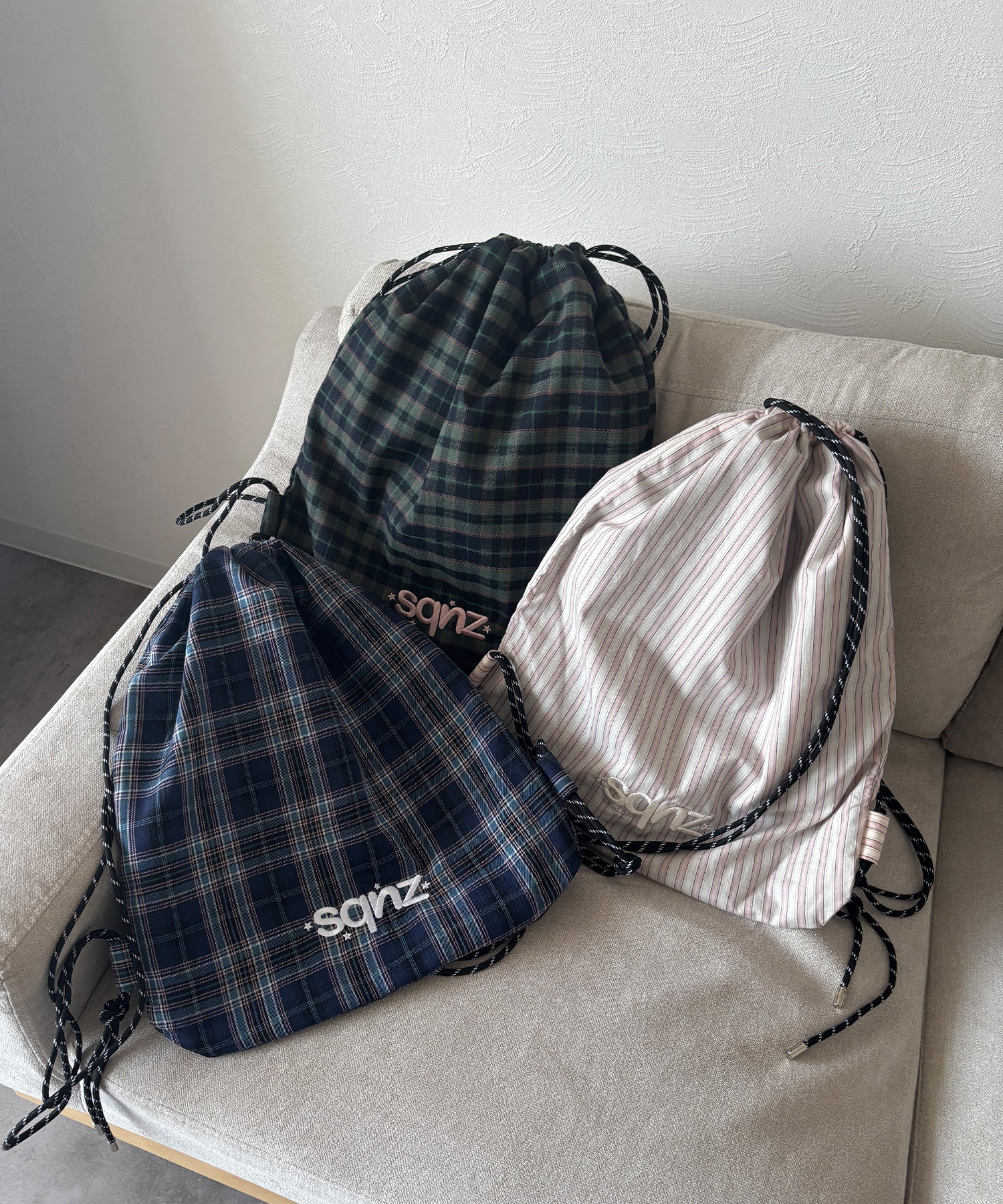 sqnz dairy 2way knapsack / ナップサック トートバック 2WAY チェック ストライプ ライトピンク
