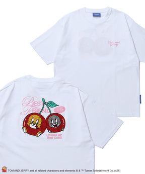 TJ CHERRY FLOCKY S/S TEE / トムとジェリー Tシャツ 半袖 クルーネック プリント 刺繍 オーバーサイズ ホワイト
