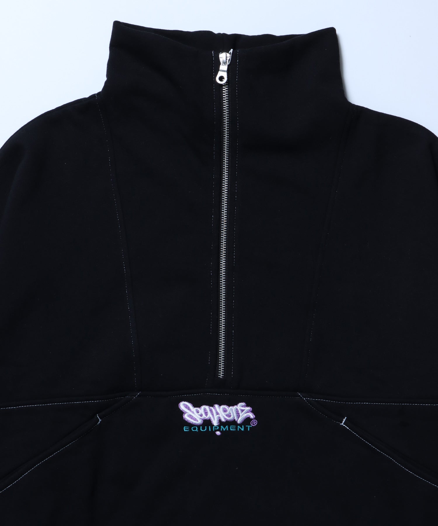 90s 1/2 ZIP SWEAT / 裏起毛 オーバーサイズ プルオーバー スウェット ルーズシルエット ハーフジップ 刺繍 ポケット ジップアップ セットアップ ブラック ≪SET UP着用可能≫