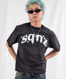 sqnz applique washed tee / Tシャツ 半袖 クルーネック 加工 フリンジ ブラック