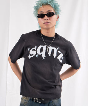 sqnz applique washed tee / Tシャツ 半袖 クルーネック 加工 フリンジ ブラック