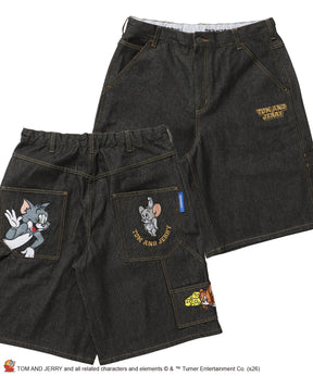 TJ STREET SHORTS DENIM / トムとジェリー ハーフパンツ ショーツ ジョーツデニム ワイド パンツ ボトムス 刺繍 加工 リジッド ワッペン ブラック系その他