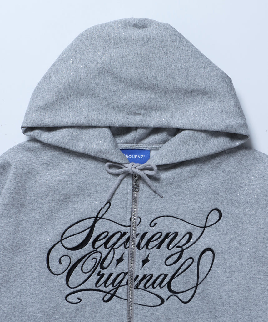 SQNZ LOGO GLITTER ZIP P/K / グリッター ジップパーカー ラメプリント ダブルジップ 裏起毛 【セットアップ着用可】 グレー