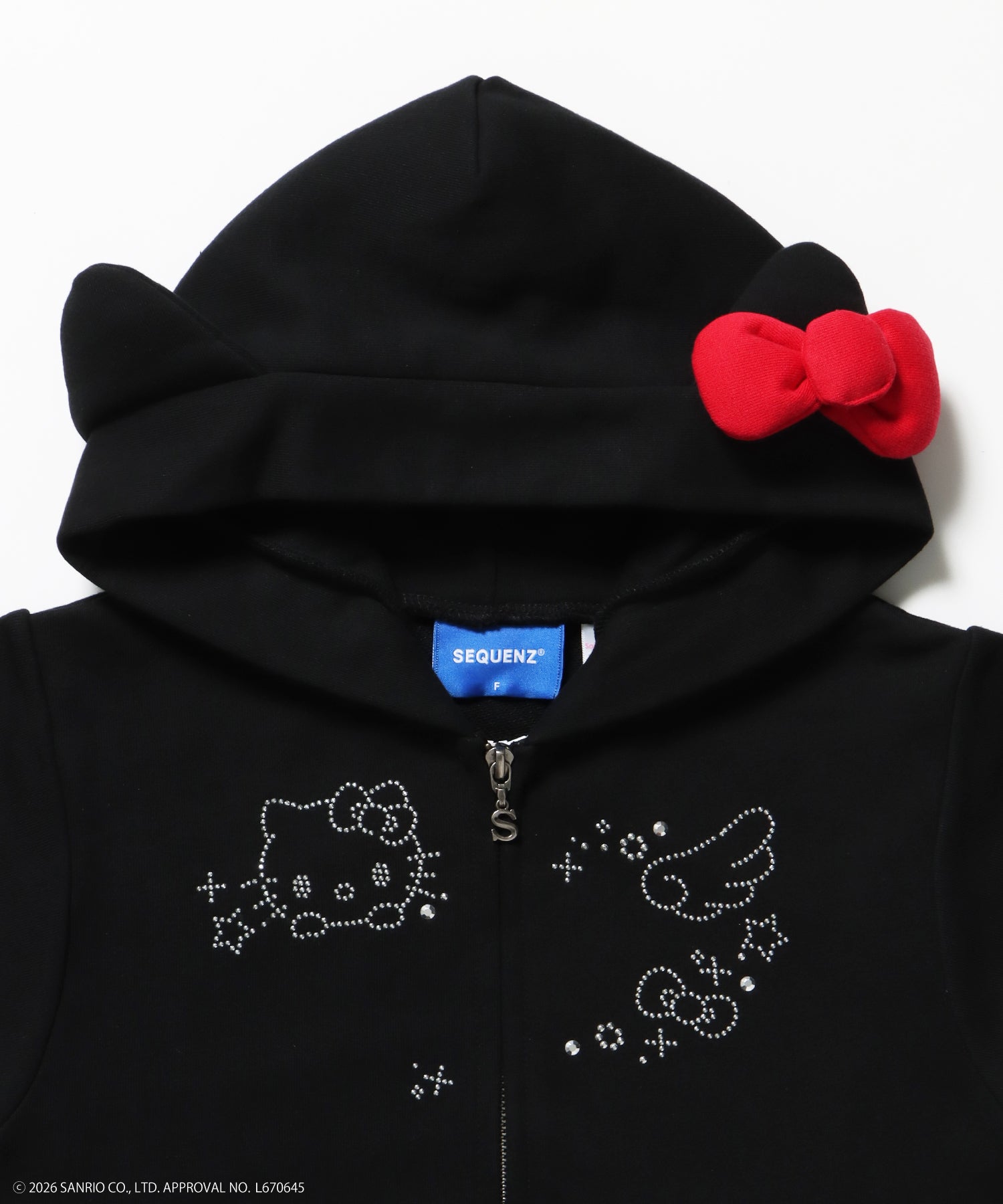 HK SHINING KITTY ZIPPK / 半袖 ジップパーカー フーディ ダブルジップ ラインストーン スウェット ブラック