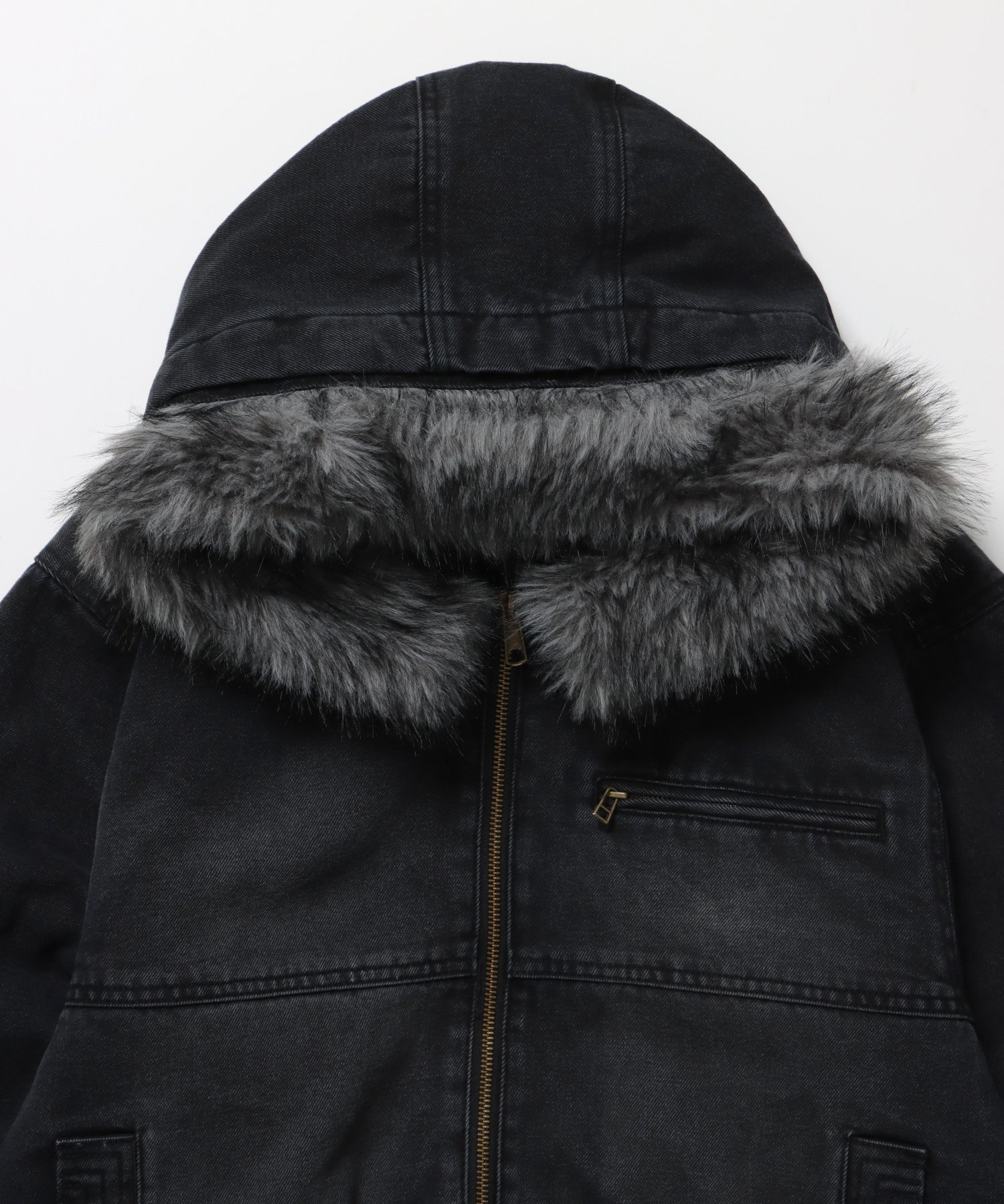 FUR DENIM HOODIE JKT / デニム ジャケット ファー 中綿 ダブルジップ フーディ ブラック