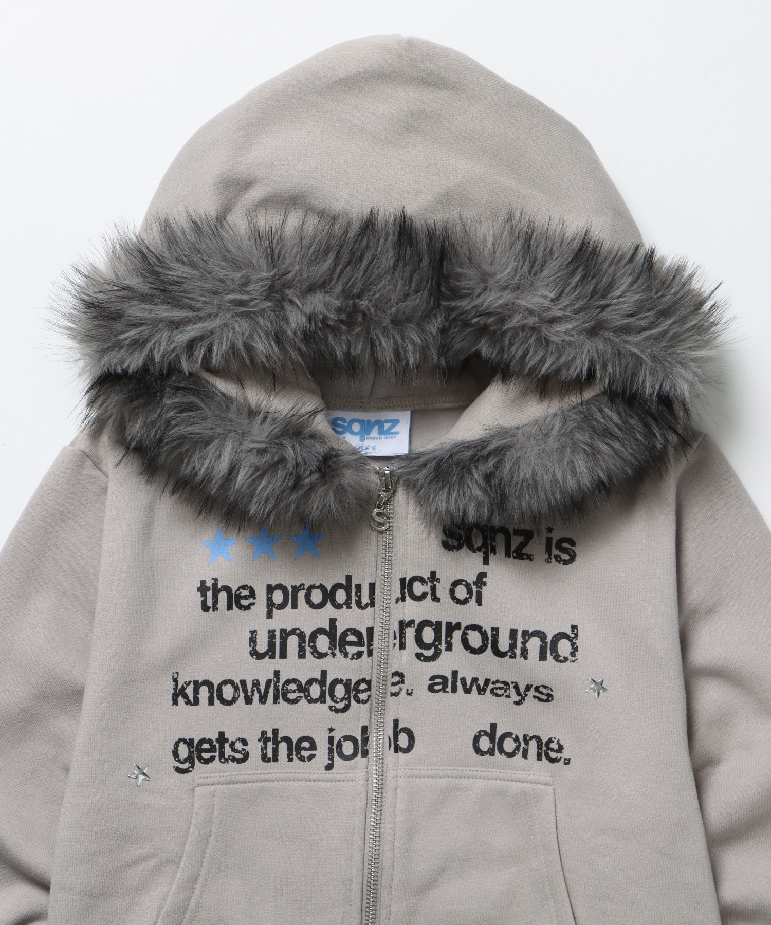sqnz fur zip pk / レディース ファー ジップパーカー スタッズ 裏起毛 短丈 ダブルジップ ライトグレー