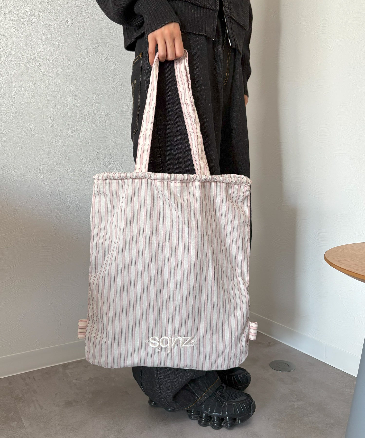 sqnz dairy 2way knapsack / ナップサック バック 2WAY ブランドロゴ チェック ストライプ ライトピンク