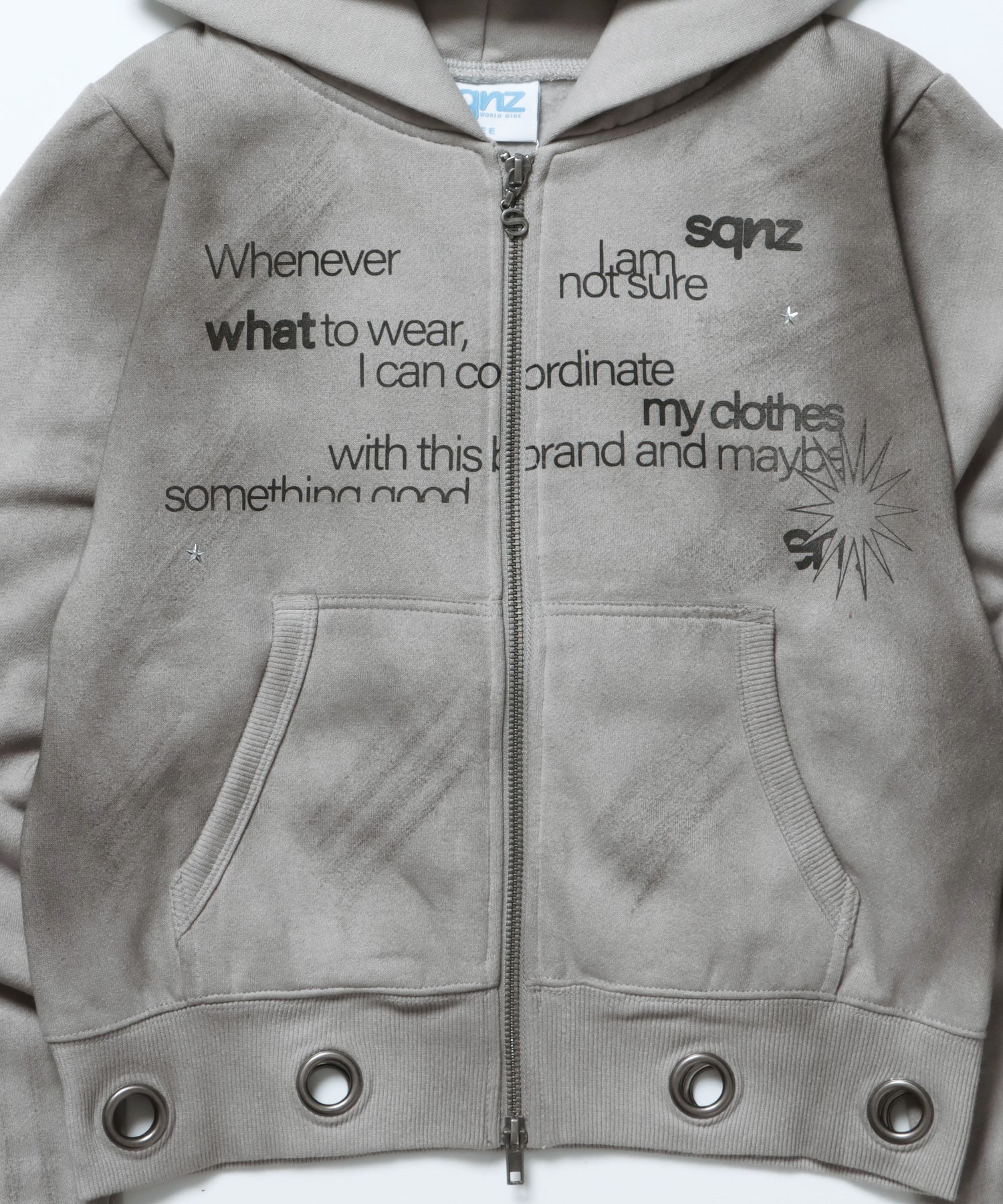sqnz eyelet fit zip pk / レディース ジップパーカー フーディ ハトメ スタッズ ダフルジップ 裏起毛≪SET UP着用可能≫ ライトグレー