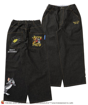 TJ JERRY AND TUFFY LOOSE DENIM / トムとジェリー デニム ワイド パンツ ボトムス 刺繍 加工 リジッド ワッペン ブラック系その他