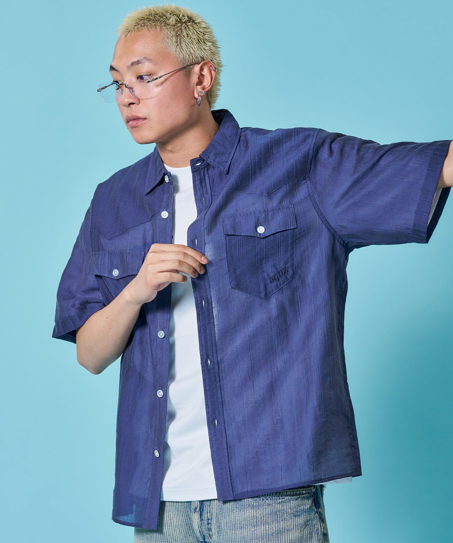 WEB限定 / ウエスタン半袖シャツ／sqnz western sheer shirts ネイビー