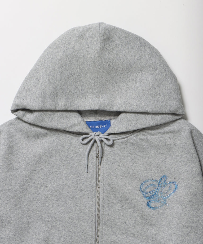 CROSS RHINE STONE ZIP P/K / パーカー ジップパーカー ラインストーン クロスデザイン 裏起毛 ダブルジップ 短丈 【セットアップ】 グレー