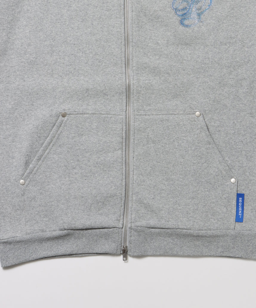 CROSS RHINE STONE ZIP P/K / パーカー ジップパーカー ラインストーン クロスデザイン 裏起毛 ダブルジップ 短丈 【セットアップ】 グレー