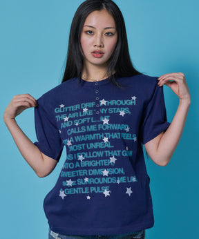 sqnz silver star henlry tee / 半袖 ヘンリーネック Tシャツ シルバープリント 短丈 ダークネイビー