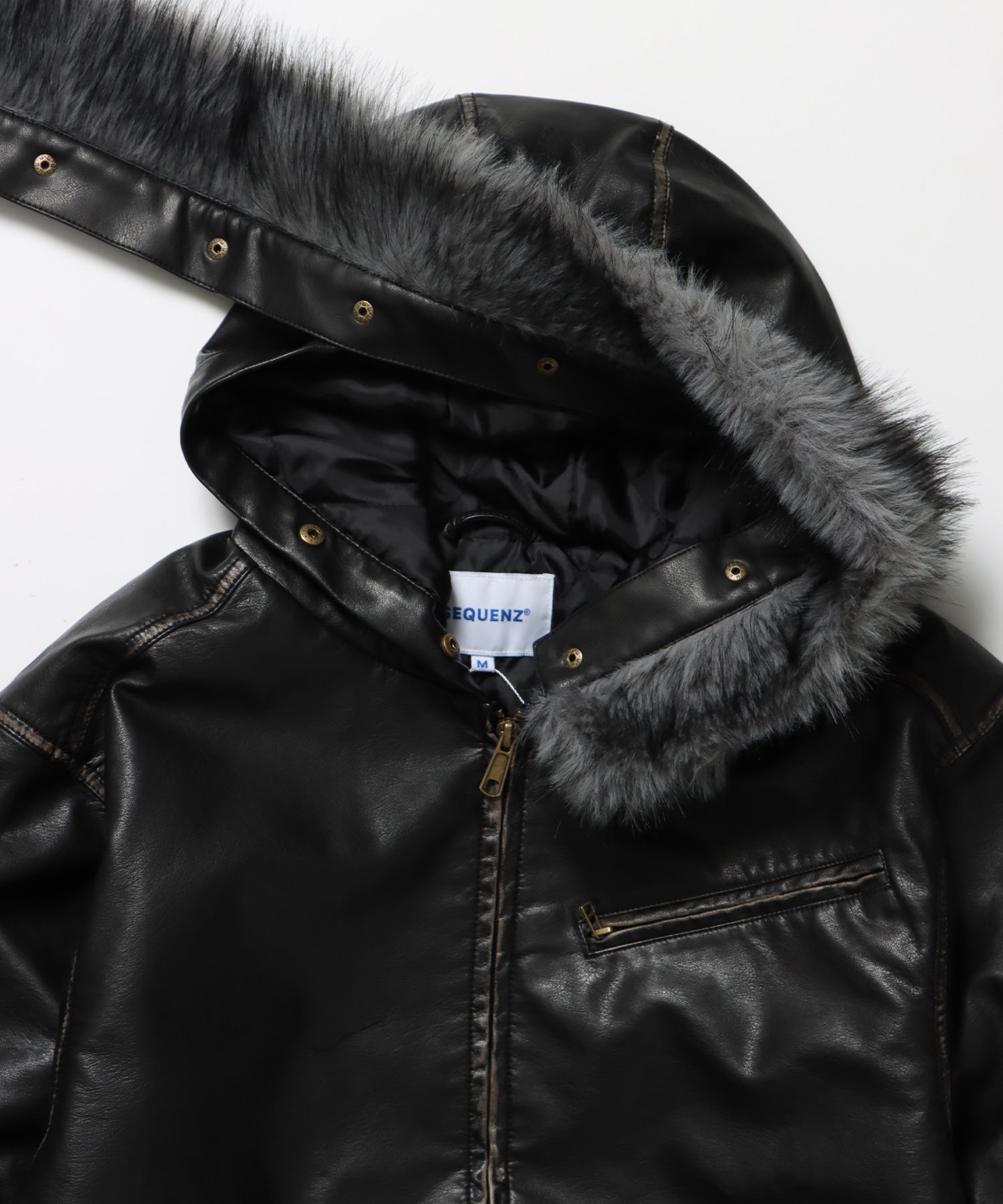 FUR PU HOODIE JKT / フェイクレザー ジャケット ファー 中綿 ダブルジップ フーディ ブラック