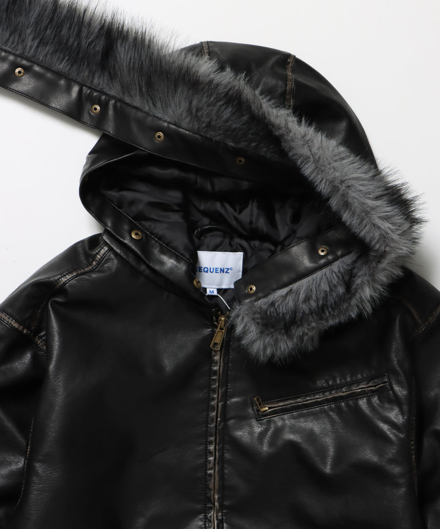 FUR PU HOODIE JKT / フェイクレザー ジャケット ファー 中綿 ダブルジップ フーディ ブラック