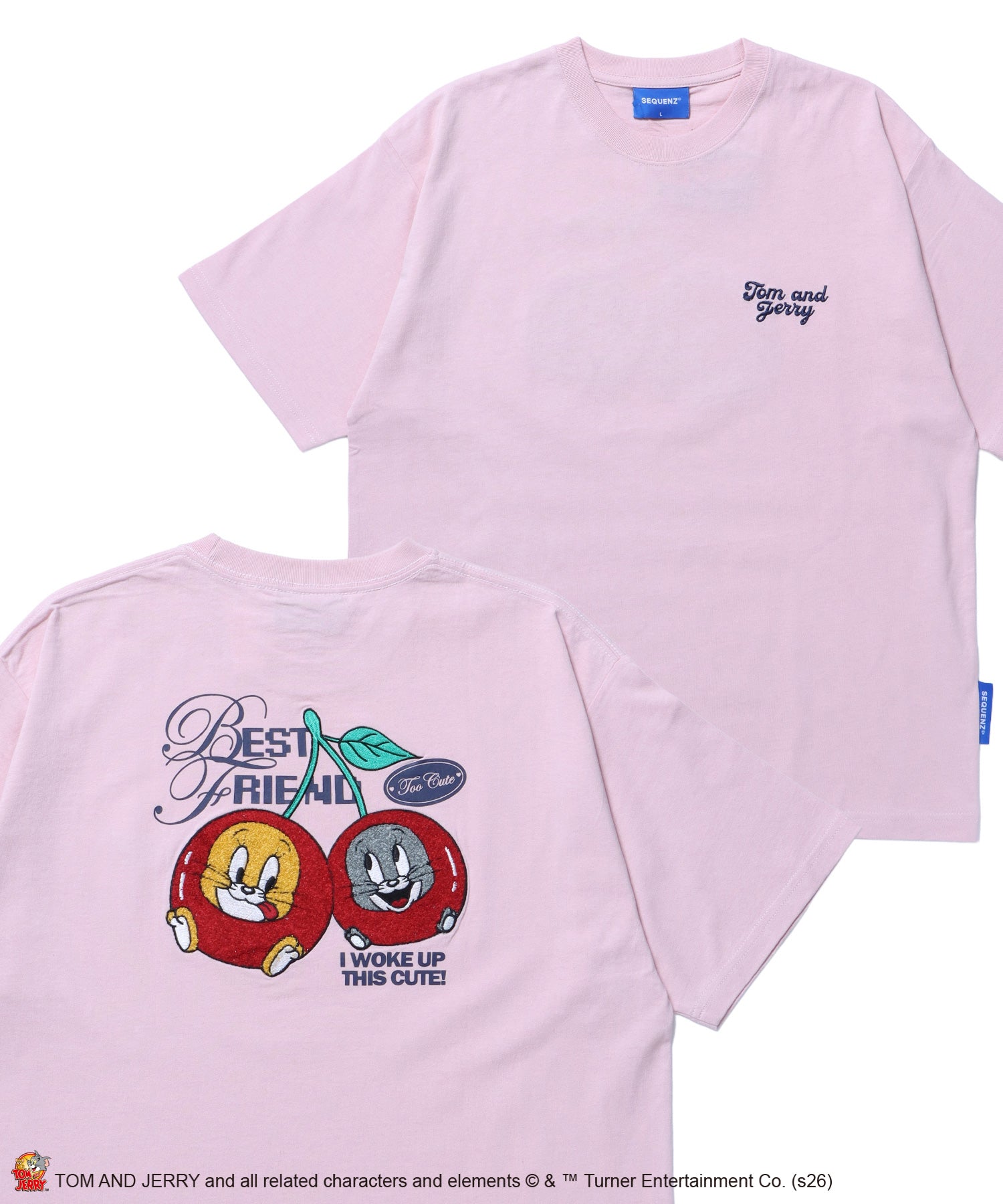 TJ CHERRY FLOCKY S/S TEE / トムとジェリー Tシャツ 半袖 クルーネック プリント 刺繍 オーバーサイズ ライトピンク