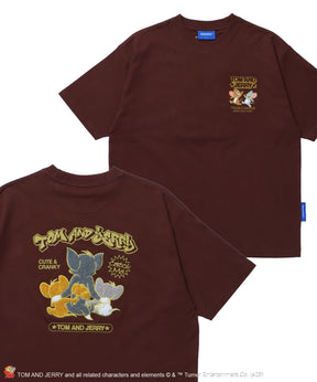 TJ BEST FRIENDS! EMB. TEE / トムとジェリー Tシャツ 半袖 クルーネック 刺繍 オーバーサイズ ブラウン