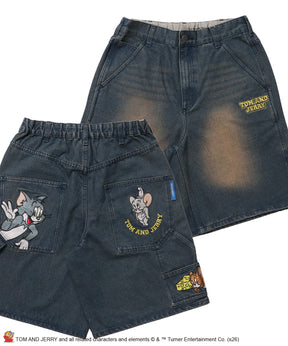 TJ STREET SHORTS DENIM / トムとジェリー ハーフパンツ ショーツ ジョーツデニム ワイド パンツ ボトムス 刺繍 加工 リジッド ワッペン ブルー