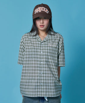 ワッペンチェックシャツ / シャツ チェック 半袖 ポケット 刺繍 ワッペン グリーン