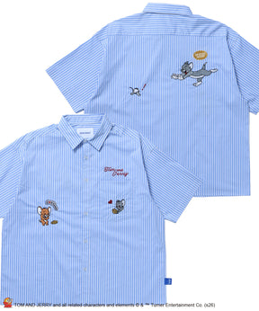TJ ASSORTMENT EMB. SHIRT / トムとジェリー シャツ 半袖 レギュラーカラー 刺繍 チェック ストライプ サックスブルー