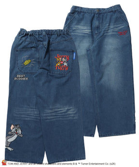 TJ JERRY AND TUFFY LOOSE DENIM / トムとジェリー デニム ワイド パンツ ボトムス 刺繍 加工 リジッド ワッペン ブルー