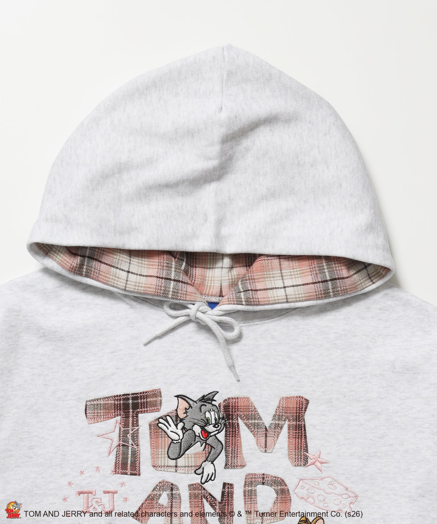 TJ PLAID APPLIQUE P/K / トムとジェリー プルパーカー チェック 刺繍 アッシュグレー