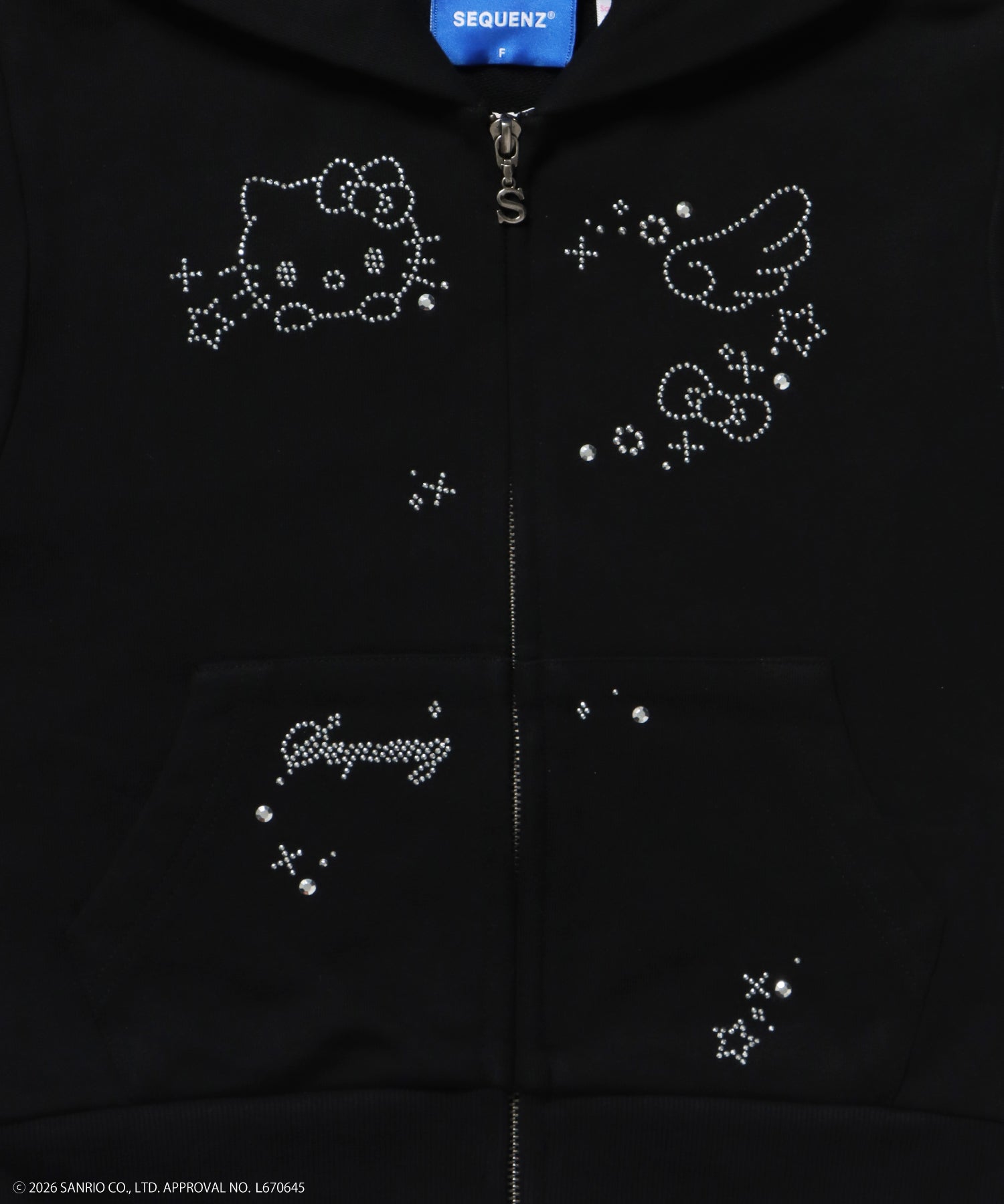 HK SHINING KITTY ZIPPK / 半袖 ジップパーカー フーディ ダブルジップ ラインストーン スウェット ブラック