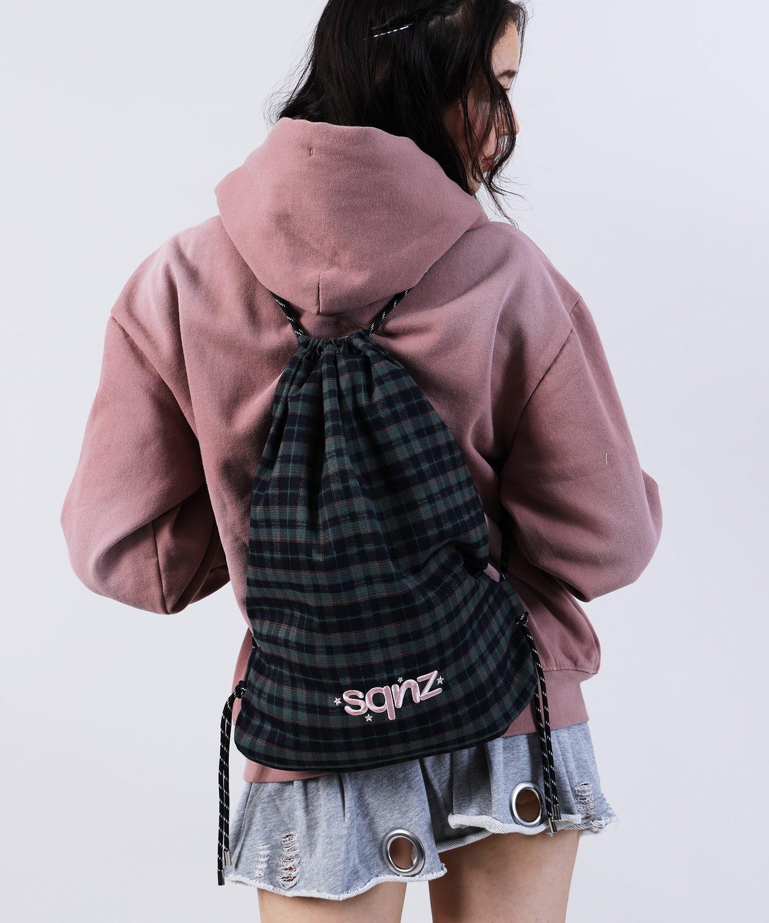 sqnz dairy 2way knapsack / ナップサック バック 2WAY ブランドロゴ チェック ストライプ ダークグリーン