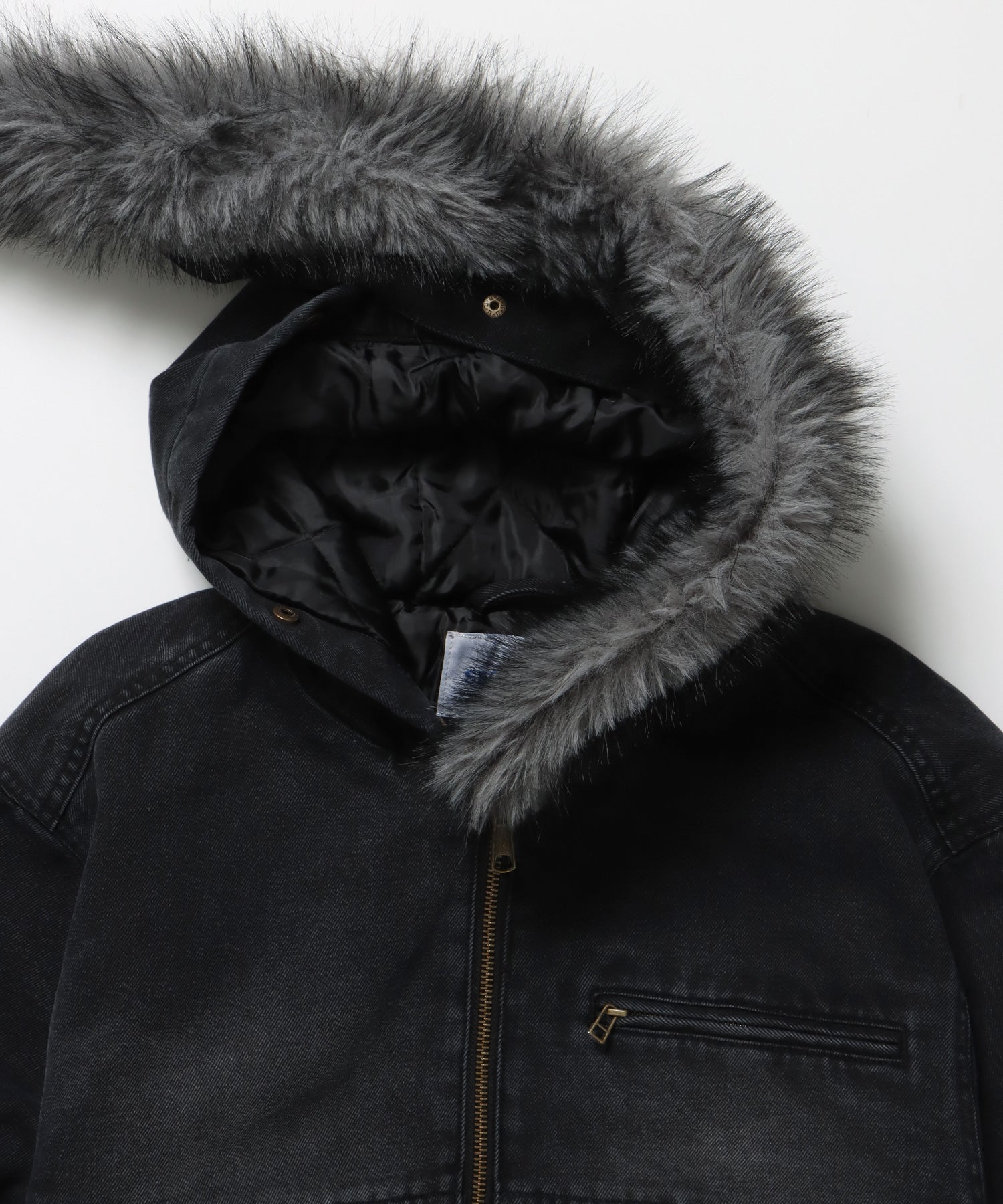 FUR DENIM HOODIE JKT / デニム ジャケット ファー 中綿 ダブルジップ フーディ ブラック