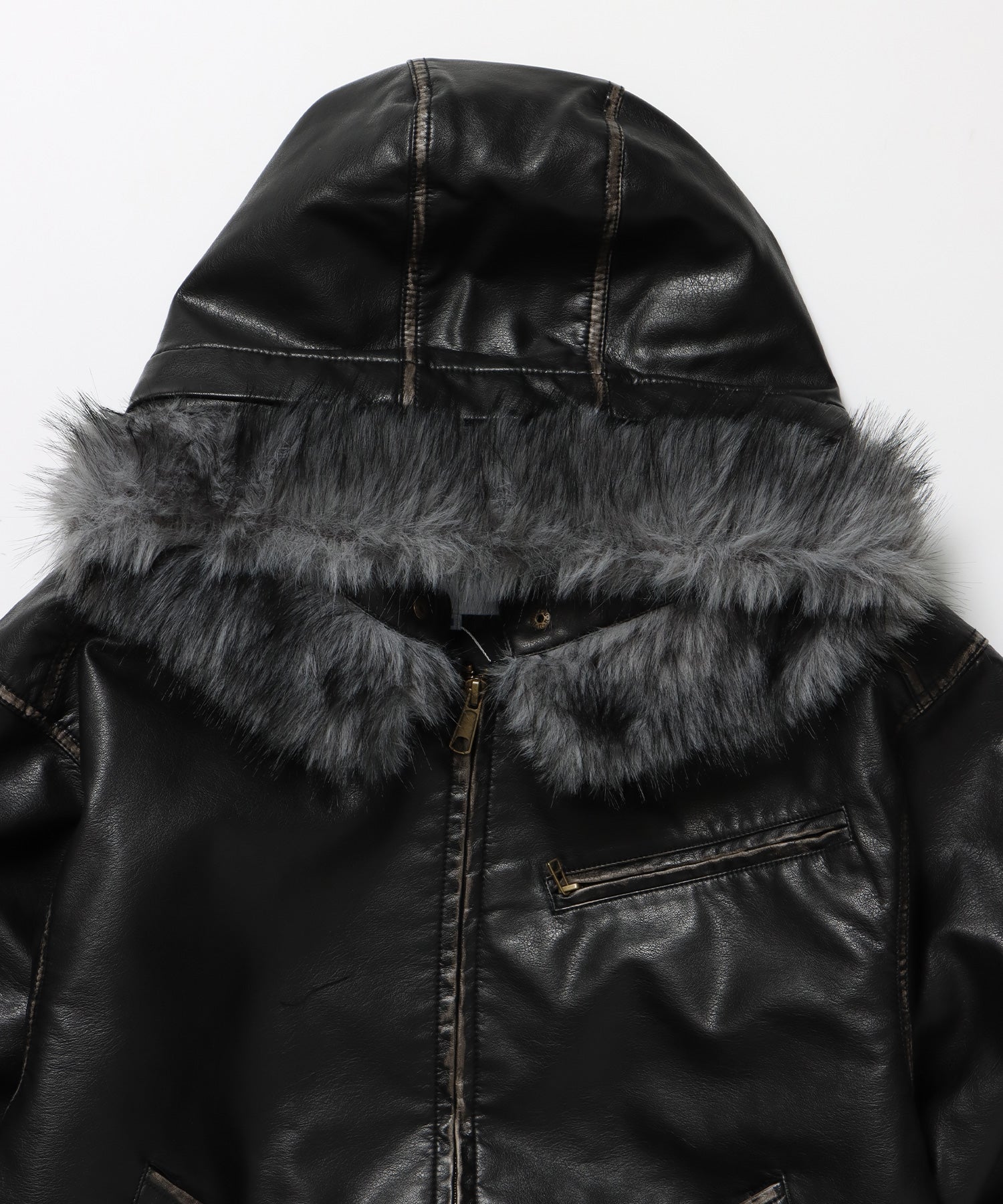 FUR PU HOODIE JKT / フェイクレザー ジャケット ファー 中綿 ダブルジップ フーディ ブラック